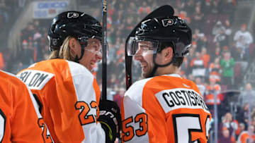 Oskar Lindblom & Shayne Gostisbehere, Philadelphia Flyers (Photo by Drew Hallowell/Getty Images)