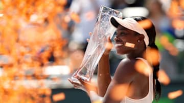 KEY BISCAYNE, FL - MARCH 31: Sloane Stephens of the United States celebrates after defeating Jelena Ostapenko of Latvia in the women's final on Day 13 of the Miami Open Presented by Itau at Crandon Park Tennis Center on March 31, 2018 in Key Biscayne, Florida. (Photo by Michael Reaves/Getty Images)