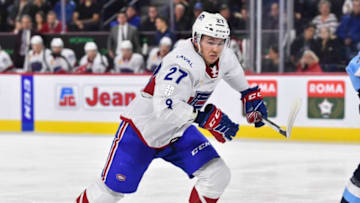 LAVAL, QC - NOVEMBER 15: Alexandre Alain #27 of the Laval Rocket skates against the Milwaukee Admirals during the second period at Place Bell on November 15, 2019 in Laval, Canada. The Milwaukee Admirals defeated the Laval Rocket 5-2. (Photo by Minas Panagiotakis/Getty Images)