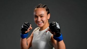 PHILADELPHIA, PA - MARCH 30: Michelle Waterson poses for a post fight portrait backstage during the UFC Fight Night event at Wells Fargo Center on March 30, 2019 in Philadelphia, Pennsylvania. (Photo by Mike Roach/Zuffa LLC/Zuffa LLC via Getty Images)