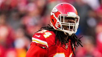 Jan 30, 2022; Kansas City, Missouri, USA; Kansas City Chiefs linebacker Melvin Ingram (24) celebrates during the second half of the AFC Championship game against the Cincinnati Bengals at GEHA Field at Arrowhead Stadium. Mandatory Credit: Jay Biggerstaff-USA TODAY Sports