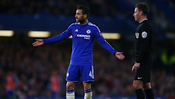 LONDON, ENGLAND - MAY 02: Cesc Fabregas of Chelsea remonstrates with referee Mark Clattenburg during the Barclays Premier League match between Chelsea and Tottenham Hotspur at Stamford Bridge on May 02, 2016 in London, England. (Photo by Ian Walton/Getty Images)