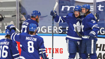TORONTO, ON - MAY 6: Auston Matthews #34 of the Toronto Maple Leafs celebrates his 40th goal of the season against the Montreal Canadiens during an NHL game at Scotiabank Arena on May 6, 2021 in Toronto, Ontario, Canada. The Maple Leafs defeated the Canadiens 5-2.(Photo by Claus Andersen/Getty Images)