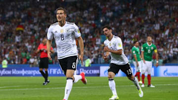 SOCHI, RUSSIA - JUNE 29: Leon Goretzka of Germany celebrates scoring the opening goal during the FIFA Confederations Cup Russia 2017 Semi-Final between Germany and Mexico at Fisht Olympic Stadium on June 29, 2017 in Sochi, Russia. (Photo by Buda Mendes/Getty Images)