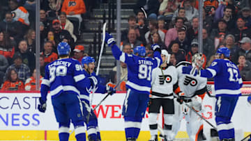 PHILADELPHIA, PA - DECEMBER 01: Steven Stamkos #91 of the Tampa Bay Lightning reacts after recording his 1000th career NHL point with an assist on a goal by Nicholas Paul #20 (not pictured) against the Philadelphia Flyers in the second period at the Wells Fargo Center on December 1, 2022 in Philadelphia, Pennsylvania. (Photo by Mitchell Leff/Getty Images)
