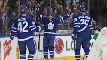 TORONTO, ON - MARCH 10: Mitchell Marner #16 of the Toronto Maple Leafs celebrates his goal against the Pittsburgh Penguins during an NHL game at the Air Canada Centre on March 10, 2018 in Toronto, Ontario, Canada. (Photo by Claus Andersen/Getty Images)