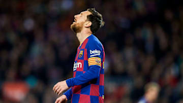 BARCELONA, SPAIN - MARCH 07: Lionel Messi of FC Barcelona reacts during the Liga match between FC Barcelona and Real Sociedad at Camp Nou on March 07, 2020 in Barcelona, Spain. (Photo by Silvestre Szpylma/Quality Sport Images/Getty Images)