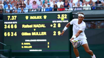 LONDON, ENGLAND - JULY 10: Rafael Nadal of Spain plays a forehand during the Gentlemen's Singles fourth round match against Gilles Muller of Luxembourg on day seven of the Wimbledon Lawn Tennis Championships at the All England Lawn Tennis and Croquet Club on July 10, 2017 in London, England. (Photo by Michael Steele/Getty Images)