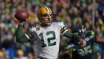 Jan 18, 2015; Seattle, WA, USA; Green Bay Packers quarterback Aaron Rodgers (12) looks to throw in the first quarter against the Seattle Seahawks in the NFC Championship Game at CenturyLink Field. Mandatory Credit: Kirby Lee-USA TODAY Sports