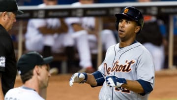 Apr 5, 2016; Miami, FL, USA; Detroit Tigers center fielder Anthony Gose (12) scores the game winning run off of Miami Marlins relief pitcher Craig Breslow (17) during the eleventh inning at Marlins Park. The Tigers won 8-7. Mandatory Credit: Steve Mitchell-USA TODAY Sports