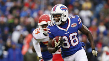 Nov 9, 2014; Orchard Park, NY, USA; Buffalo Bills wide receiver Marquise Goodwin (88) runs with the ball as Kansas City Chiefs defensive back Kelcie McCray (24) pursues during the first half at Ralph Wilson Stadium. Mandatory Credit: Kevin Hoffman-USA TODAY Sports