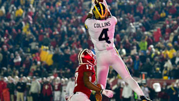Nov 23, 2019; Bloomington, IN, USA; Michigan Wolverines wide receiver Nico Collins (4) catches a ball against Indiana Hoosiers defensive back Raheem Layne (17) for a touchdown during the second half of the game at Memorial Stadium. The Michigan Wolverines defeated the Indiana Hoosiers 39 to 14. Mandatory Credit: Marc Lebryk-USA TODAY Sports