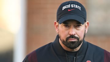 Nov 19, 2022; College Park, Maryland, USA; Ohio State Buckeyes head coach Ryan Day takes the field before the game against the Maryland Terrapinsat SECU Stadium. Mandatory Credit: Tommy Gilligan-USA TODAY Sports