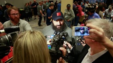 HOUSTON, TX - FEBRUARY 02: Defensive coordinator Matt Patricia answers questions during Super Bowl LI media availability at the J.W. Marriott on February 2, 2017 in Houston, Texas. (Photo by Bob Levey/Getty Images)