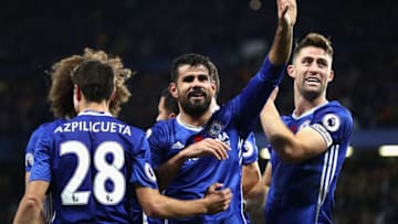LONDON, ENGLAND - NOVEMBER 05: Diego Costa of Chelsea (C) celebrates scoring his sides third goal with his Chelsea team mates during the Premier League match between Chelsea and Everton at Stamford Bridge on November 5, 2016 in London, England. (Photo by Clive Rose/Getty Images)