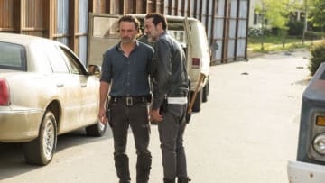 Andrew Lincoln as Rick Grimes, Jeffrey Dean Morgan as Negan, Austin Nichols as Spencer Monroe; group - The Walking Dead _ Season 7, Episode 4 - Photo Credit: Gene Page/AMC