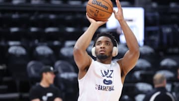 Apr 28, 2022; Salt Lake City, Utah, USA; Utah Jazz guard Donovan Mitchell (45) warms up prior to the game against the Dallas Mavericks during game six of the first round for the 2022 NBA playoffs at Vivint Arena. Mandatory Credit: Rob Gray-USA TODAY Sports