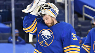 Jan 28, 2021; Buffalo, New York, USA; Buffalo Sabres goaltender Linus Ullmark (35) during a timeout in the third period against the New York Rangers at KeyBank Center. Mandatory Credit: Mark Konezny-USA TODAY Sports