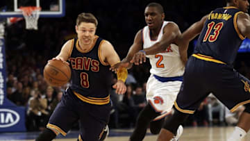 Nov 13, 2015; New York, NY, USA; Cleveland Cavaliers guard Matthew Dellavedova (8) drives to the basket past New York Knicks guard Langston Galloway (2) during the first half of an NBA basketball game at Madison Square Garden. Mandatory Credit: Adam Hunger-USA TODAY Sports