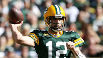 GREEN BAY, WISCONSIN - OCTOBER 20: Aaron Rodgers #12 of the Green Bay Packers throws a pass during the first half against the Oakland Raiders in the game at Lambeau Field on October 20, 2019 in Green Bay, Wisconsin. (Photo by Dylan Buell/Getty Images)