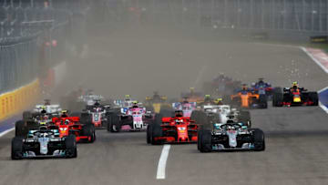 SOCHI, RUSSIA - SEPTEMBER 30: Valtteri Bottas driving the (77) Mercedes AMG Petronas F1 Team Mercedes WO9, Lewis Hamilton of Great Britain driving the (44) Mercedes AMG Petronas F1 Team Mercedes WO9 lead the field at the start during the Formula One Grand Prix of Russia at Sochi Autodrom on September 30, 2018 in Sochi, Russia. (Photo by Mark Thompson/Getty Images)