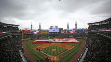 Apr 8, 2016; Chicago, IL, USA; A general shot during the national anthem and a US Navy flyover prior to a game between the Chicago White Sox and the Cleveland Indians at U.S. Cellular Field. Mandatory Credit: Dennis Wierzbicki-USA TODAY Sports