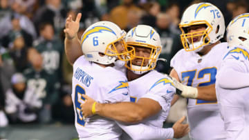 Nov 7, 2021; Philadelphia, Pennsylvania, USA; Los Angeles Chargers kicker Dustin Hopkins (6) celebrates his 29-yard game-winning field goal with long snapper Matt Overton (54) against the Philadelphia Eagles at Lincoln Financial Field. Mandatory Credit: Eric Hartline-USA TODAY Sports