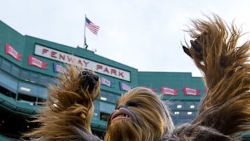 BOSTON, MA - APRIL 25: Chewbacca "Chewie" stands on the field before a game between the Boston Red Sox and the Detroit Tigers during "Star Wars Night" at Fenway Park on April 25, 2019 in Boston, Massachusetts. The Red Sox won 7-3. (Photo by Rich Gagnon/Getty Images)
