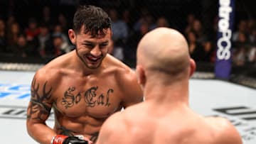 NASHVILLE, TN - APRIL 22: (R-L) Cub Swanson squares off with Artem Lobov of Russia in their featherweight bout during the UFC Fight Night event at Bridgestone Arena on April 22, 2017 in Nashville, Tennessee. (Photo by Jeff Bottari/Zuffa LLC/Zuffa LLC via Getty Images)