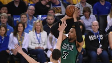 April 1, 2016; Oakland, CA, USA; Boston Celtics center Jared Sullinger (7) shoots the basketball against Golden State Warriors guard Klay Thompson (11) during the second quarter at Oracle Arena. Mandatory Credit: Kyle Terada-USA TODAY Sports