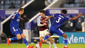 Jack Grealish of Aston Villa, Timothy Castagne and Wesley Fofana of Leicester City (Photo by Jon Super - Pool/Getty Images)