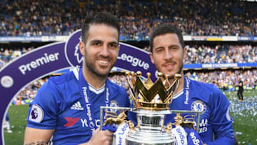 LONDON, ENGLAND - MAY 21: Cesc Fabregas and Eden Hazard of Chelsea pose with the Premier League trophy after the Premier League match between Chelsea and Sunderland at Stamford Bridge on May 21, 2017 in London, England. (Photo by Michael Regan/Getty Images)