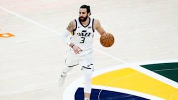 SALT LAKE CITY, UT - FEBRUARY 01: Ricky Rubio (3) of the Utah Jazz brings the ball up court during a game against the Atlanta Hawks on February 1, 2019 at the Vivint Smart Home Arena in Salt Lake City, Utah. NOTE TO USER: User expressly acknowledges and agrees that, by downloading and/or using this Photograph, user is consenting to the terms and conditions of the Getty Images License Agreement. Mandatory Copyright Notice: Copyright 2019 NBAE (Photo by Chris Elise/NBAE via Getty Images)