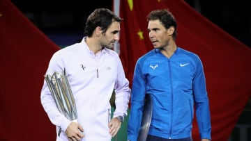 SHANGHAI, CHINA - OCTOBER 15: Roger Federer of Switzerland with Rafael Nadal of Spain pose with their trophy after the Men's singles final mach on day eight of 2017 ATP Shanghai Rolex Masters at Qizhong Stadium on October 15, 2017 in Shanghai, China. (Photo by Lintao Zhang/Getty Images)
