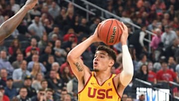 LAS VEGAS, NV - MARCH 10: Jordan Usher #1 of the USC Trojans looks to pass against the Arizona Wildcats during the championship game of the Pac-12 basketball tournament at T-Mobile Arena on March 10, 2018 in Las Vegas, Nevada. The Wildcats won 75-61. (Photo by Ethan Miller/Getty Images)