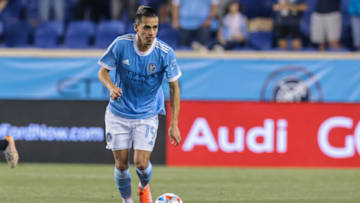 May 22, 2021; Harrison, New Jersey, USA; New York City FC forward Jesus Medina (19) controls the ball against the Columbus Crew during the second half at Red Bull Arena. Mandatory Credit: Vincent Carchietta-USA TODAY Sports
