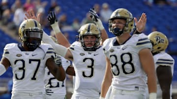 DURHAM, NC - OCTOBER 21: Ben DiNucci #3 of the Pittsburgh Panthers celebrates after defeating the Duke Blue Devils 24-17 during their game at Wallace Wade Stadium on October 21, 2017 in Durham, North Carolina. (Photo by Streeter Lecka/Getty Images)