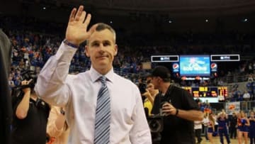 Feb 28, 2015; Gainesville, FL, USA; Florida Gators head coach Billy Donovan waves to the fans after reaching his 500th career win against the Tennessee Volunteers at Stephen C. O