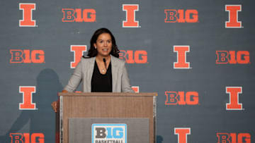 Oct 11, 2022; Minneapolis, Minnesota, US; Illinois womens head coach Shauna Green speaks to the media during the Big Ten media days at Target Center. Mandatory Credit: Matt Krohn-USA TODAY Sports