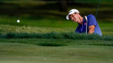 OLYMPIA FIELDS, ILLINOIS - AUGUST 30: Adam Scott of Australia plays a shot from a bunker on the 17th hole during the final round of the BMW Championship on the North Course at Olympia Fields Country Club on August 30, 2020 in Olympia Fields, Illinois. (Photo by Stacy Revere/Getty Images)