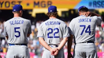 SAN DIEGO, CA - JULY 12: (L-R) Corey Seager #5 of the Los Angeles Dodgers, Clayton Kershaw #22, and Kenley Jansen #74 stand on the field prior to the 87th Annual MLB All-Star Game at PETCO Park on July 12, 2016 in San Diego, California. (Photo by Harry How/Getty Images)