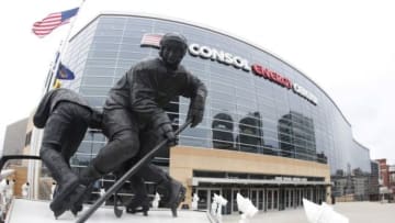 Jan 18, 2015; Pittsburgh, PA, USA; General view of the Mario Lemieux statue and the exterior of the CONSOL Energy Center before the Pittsburgh Penguins host the New York Rangers. Mandatory Credit: Charles LeClaire-USA TODAY Sports
