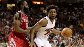 Nov 1, 2015; Miami, FL, USA; Miami Heat forward Justise Winslow (20) is pressured by Houston Rockets guard James Harden (13) during the second half at American Airlines Arena. The Heat won 109-89. Mandatory Credit: Steve Mitchell-USA TODAY Sports