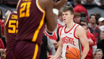 Jan 12, 2023; Columbus, Ohio, USA; Ohio State Buckeyes guard Sean McNeil (4) reacts to a foul play call by a referee during the second half of the men’s NCAA division I basketball game between the Ohio State Buckeyes and the Minnesota Golden Gophers at Value City Arena. Mandatory Credit: Joseph Scheller-The Columbus DispatchBasketball Ceb Mbk Minnesota Minnesota At Ohio State