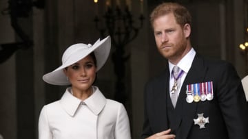 LONDON, ENGLAND - JUNE 03: Prince Harry and Meghan Markle, Duke and Duchess of Sussex leave after a service of thanksgiving for the reign of Queen Elizabeth II at St Paul's Cathedral in London, Friday, June 3, 2022 on the second of four days of celebrations to mark the Platinum Jubilee. The events over a long holiday weekend in the U.K. are meant to celebrate the monarch's 70 years of service. (Photo by Matt Dunham - WPA Pool/Getty Images)