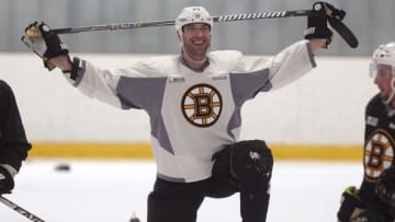 KANATA, ONT - APRIL 14: Boston Bruins defenseman Zdeno Chara (33) shares a laugh during Bruins practice in advance of Saturday's Game 2 at the Bell Sensplex in Kanata, ONT on April 14, 2017. (Photo by Barry Chin/The Boston Globe via Getty Images)