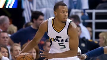 Dec 16, 2016; Salt Lake City, UT, USA; Utah Jazz guard Rodney Hood (5) controls the ball during the first quarter against the Dallas Mavericks at Vivint Smart Home Arena. Mandatory Credit: Russ Isabella-USA TODAY Sports