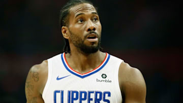 LOS ANGELES, CA - OCTOBER 28: Kawhi Leonard #2 of the LA Clippers looks on against the Charlotte Hornets on October 28, 2019 at STAPLES Center in Los Angeles, California. NOTE TO USER: User expressly acknowledges and agrees that, by downloading and/or using this Photograph, user is consenting to the terms and conditions of the Getty Images License Agreement. Mandatory Copyright Notice: Copyright 2019 NBAE (Photo by Chris Elise/NBAE via Getty Images)