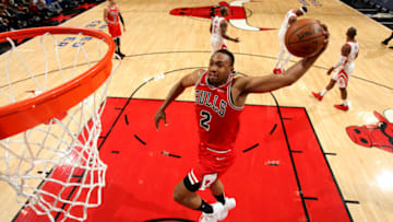 CHICAGO, IL - NOVEMBER 3: Jabari Parker #2 of the Chicago Bulls dunks the ball against the Houston Rockets on November 3, 2018 at the United Center in Chicago, Illinois. NOTE TO USER: User expressly acknowledges and agrees that, by downloading and or using this photograph, user is consenting to the terms and conditions of the Getty Images License Agreement. Mandatory Copyright Notice: Copyright 2018 NBAE (Photo by Gary Dineen/NBAE via Getty Images)