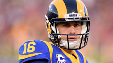 LOS ANGELES, CA - SEPTEMBER 27: Jared Goff #16 of the Los Angeles Rams on the sidelines during the second quarter against the Minnesota Vikings at Los Angeles Memorial Coliseum on September 27, 2018 in Los Angeles, California. (Photo by Harry How/Getty Images)